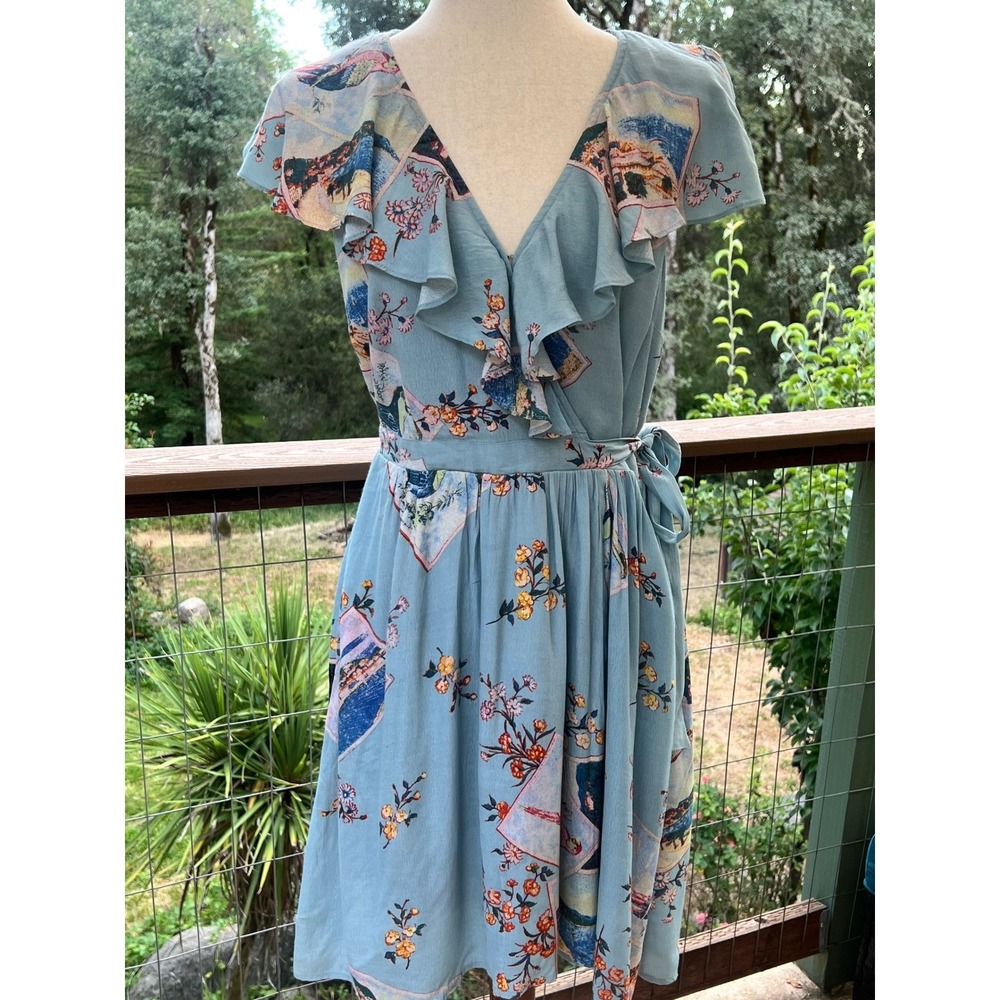 Maeve Anthropologie Dress Womens 6 Blue Rosalia Faux Wrap Floral Ruffle Romantic
